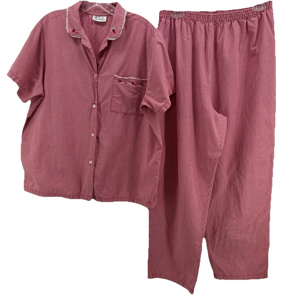 Character Pajama Set Womens Large Red Gingham Cotton Strawberry Lace Trim 2pc